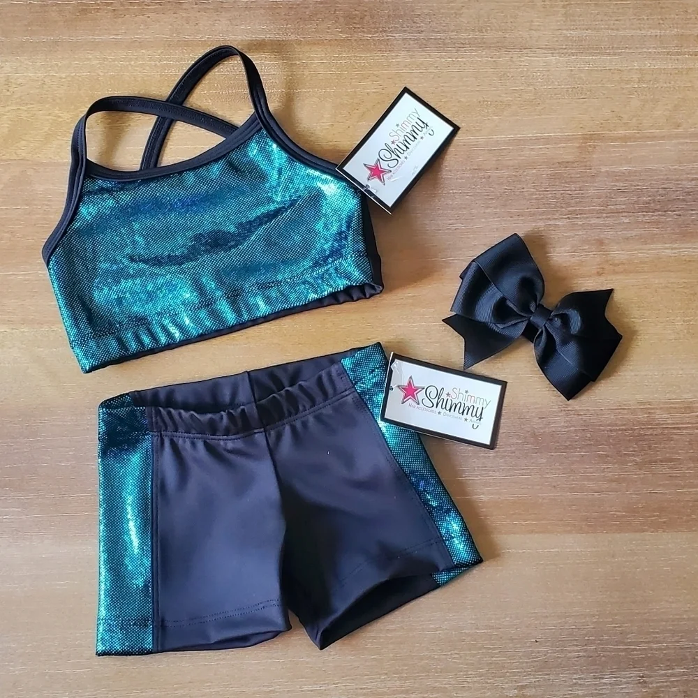 Shimmy Shimmy Inc Turquoise Hologram Dance crop top and short Set NWT Cheer Gym
